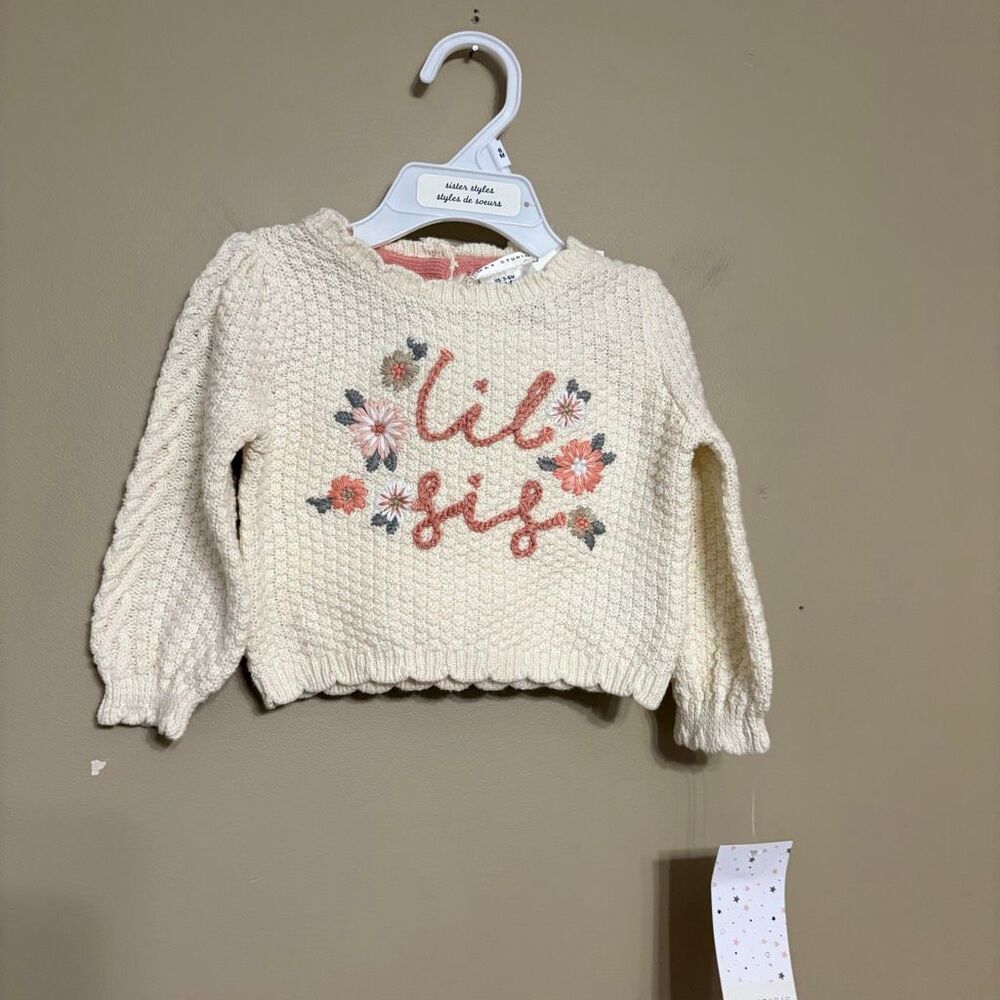 Max Studio Baby Girls “Lil Sis” Ivory Sweater Pink Embroidery Hat Included 12M